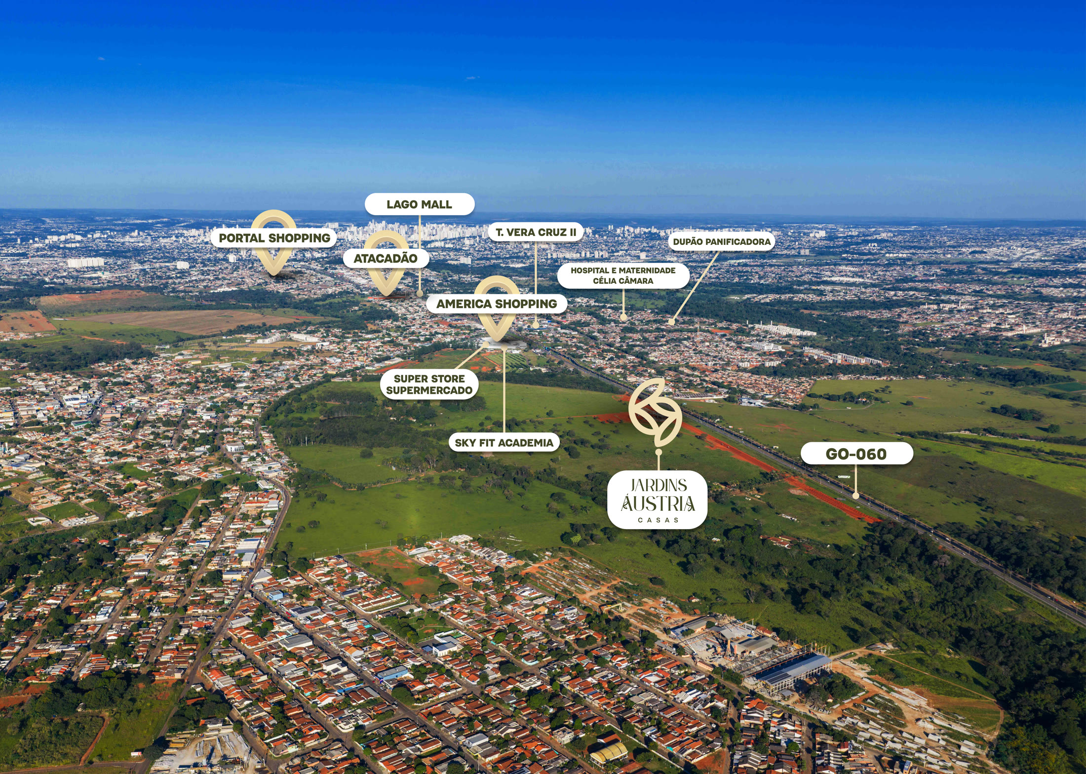 Mapa oficial da região do Jardins Áustria, às margens da GO-060 · Rodovia dos Romeiros, com shoppings, hospital e comércio da região