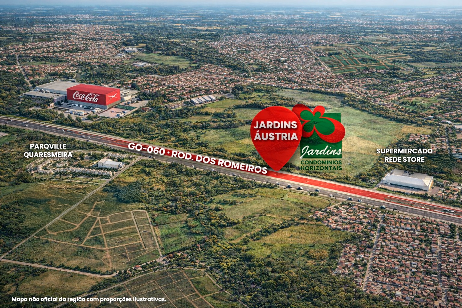 Mapa ilustrativo da região do Jardins Áustria, às margens da GO-060 na Grande Goiânia